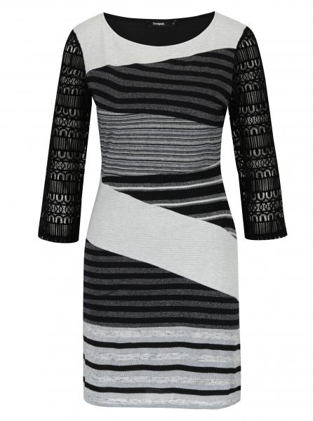 Retro šaty Krémovo-černé pruhované šaty se stříbrným vzorem Desigual Irlanda